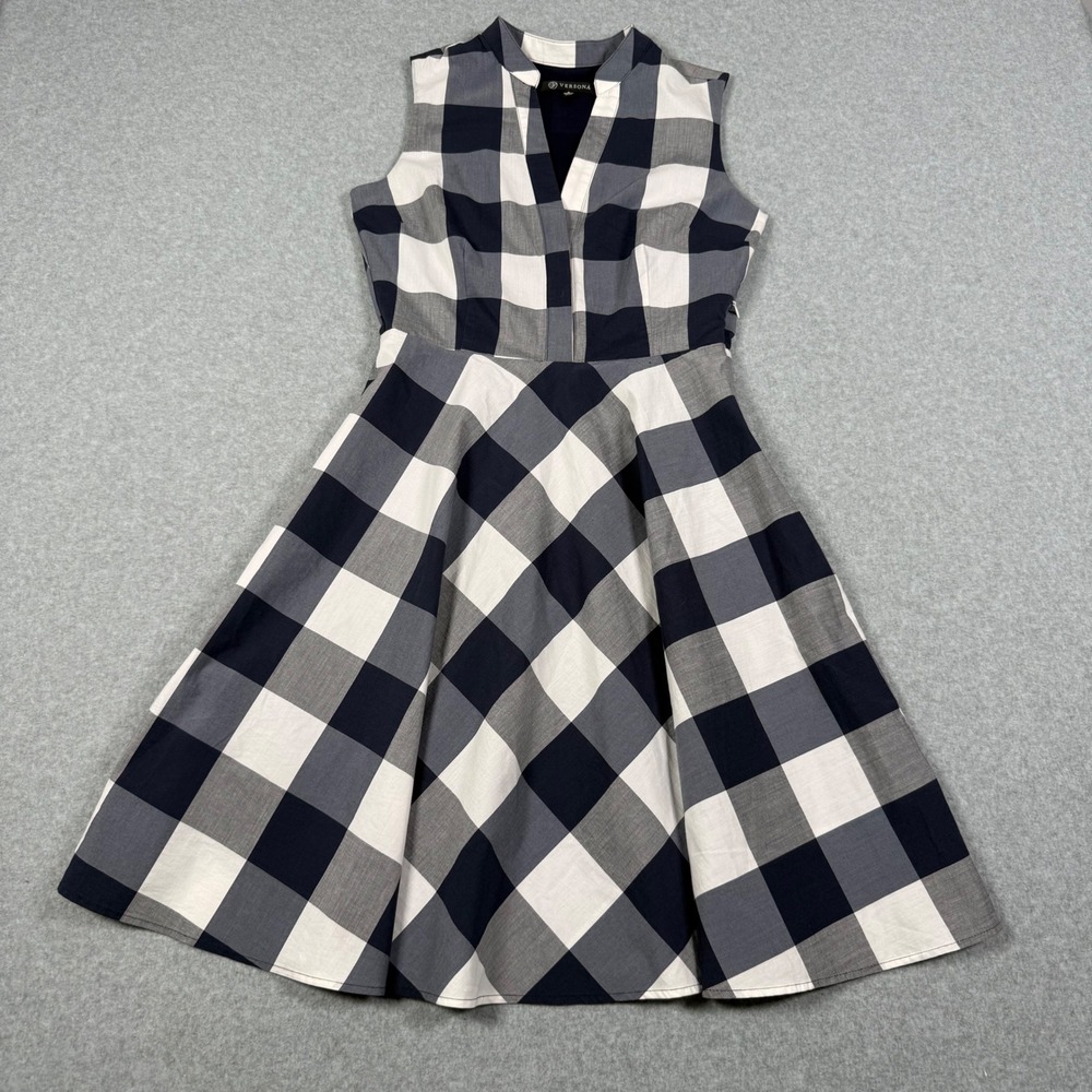 Versona Navy Blue Grey Buffalo Plaid Fit and Flare Dress Sleeveless Size 2